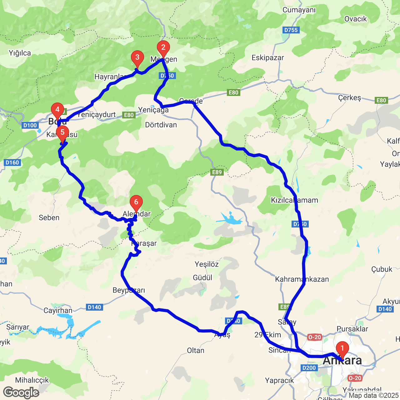 Bolu: Mengen — Bolu — Gölcük Parkı — Kıbrısçık — Karaşar/İnözü/Beypazarı — Ayaş rotası