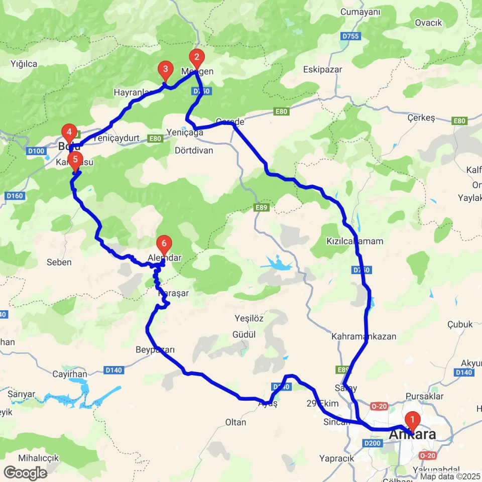 Bolu: Mengen — Bolu — Gölcük Parkı — Kıbrısçık — Karaşar/İnözü/Beypazarı — Ayaş rotası