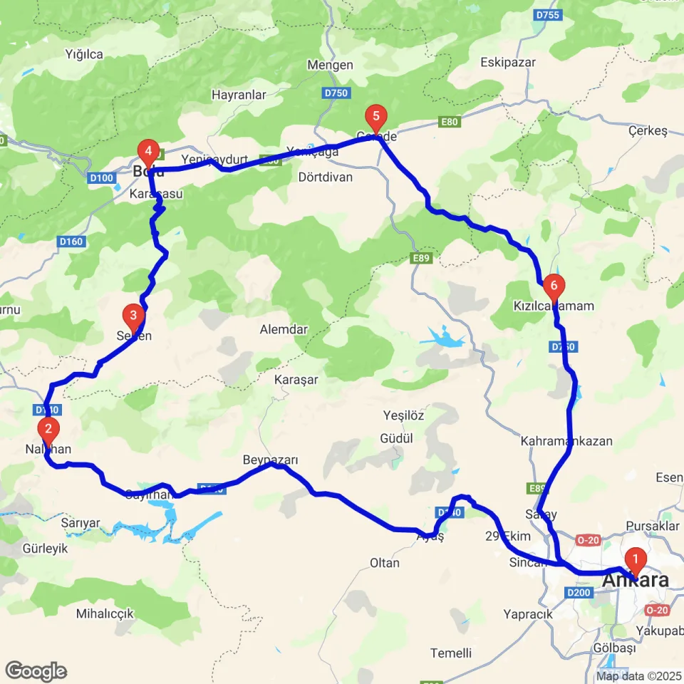 Beypazarı — Nallıhan — Seben — Bolu — Gerede — Kızılcahamam rotası
